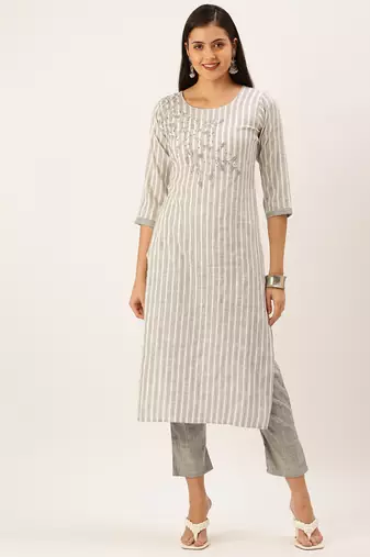 women's round neck striped grey straight kurta and palazzos