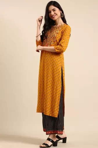 women's round neck striped foil print mustard straight kurta and palazzos with dupatta