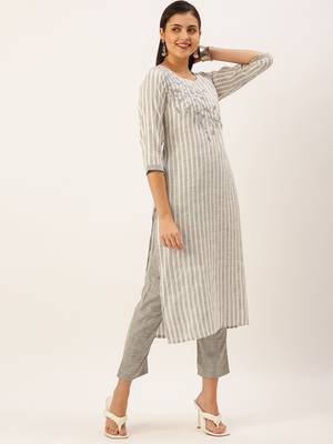 women's round neck striped grey straight kurta and palazzos 3