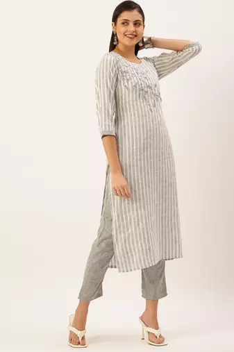 women's round neck striped grey straight kurta and palazzos