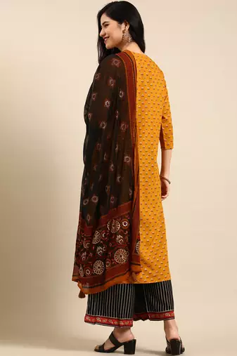 women's round neck striped foil print mustard straight kurta and palazzos with dupatta