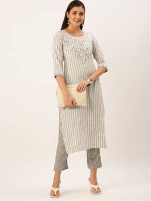 women's round neck striped grey straight kurta and palazzos 4