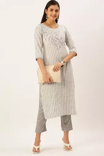 women's round neck striped grey straight kurta and palazzos