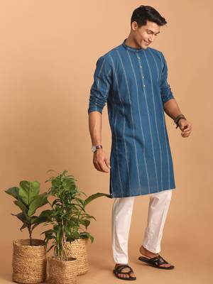 Indigo Blue Cotton Kurta And Pyjama Set 2