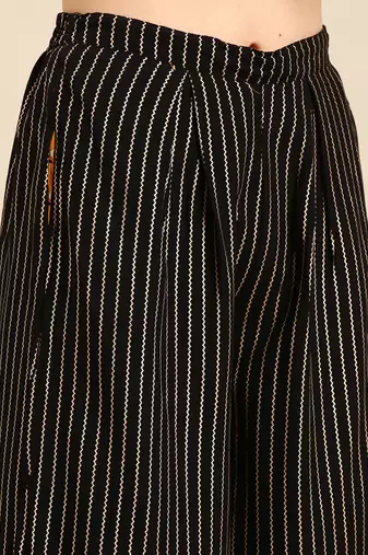 women's round neck striped foil print mustard straight kurta and palazzos with dupatta