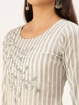 women's round neck striped grey straight kurta and palazzos 5