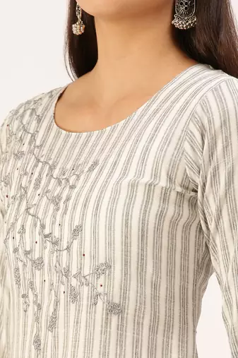 women's round neck striped grey straight kurta and palazzos