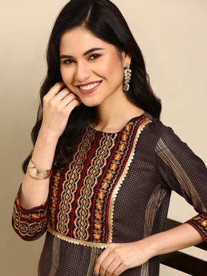 women's round neck checked foil print grey straight kurta and trouser 1