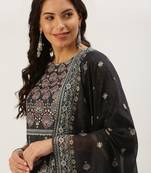 women's round neck ethnic motifs block print grey straight kurta and trouser with dupatta