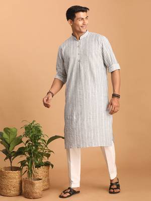 Grey And White Cotton Kurta And Pyjama Set 2