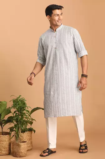 Grey And White Cotton Kurta And Pyjama Set