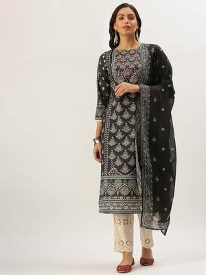 women's round neck ethnic motifs block print grey straight kurta and trouser with dupatta 2