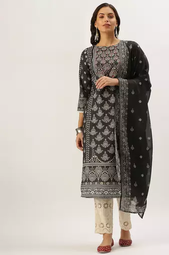 women's round neck ethnic motifs block print grey straight kurta and trouser with dupatta