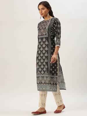 women's round neck ethnic motifs block print grey straight kurta and trouser with dupatta 3