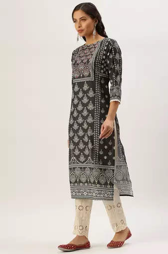 women's round neck ethnic motifs block print grey straight kurta and trouser with dupatta