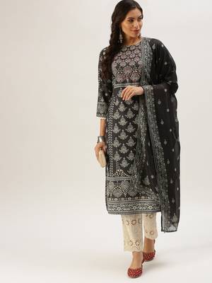 women's round neck ethnic motifs block print grey straight kurta and trouser with dupatta 4