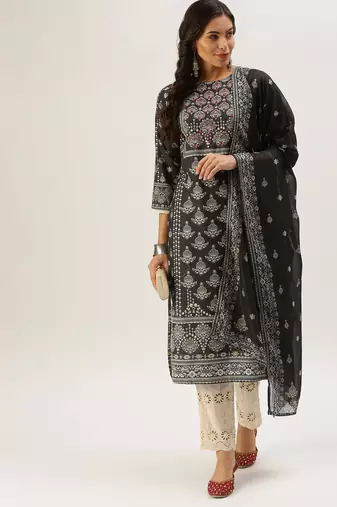 women's round neck ethnic motifs block print grey straight kurta and trouser with dupatta