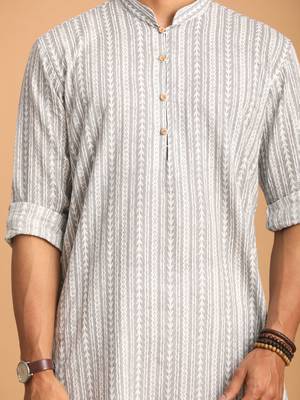 Grey And White Cotton Kurta And Pyjama Set 4