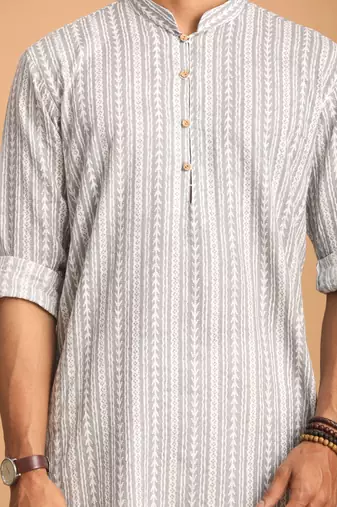 Grey And White Cotton Kurta And Pyjama Set