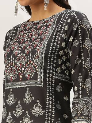women's round neck ethnic motifs block print grey straight kurta and trouser with dupatta 5