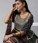 women's round neck ethnic motifs block print navy blue anarkali kurta and sharara with dupatta