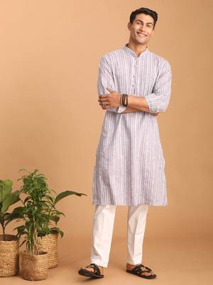 Purple And White Cotton Kurta And Pyjama Set 1