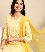 Showoff women's round neck ethnic motifs yellow straight kurta and palazzos with dupatta