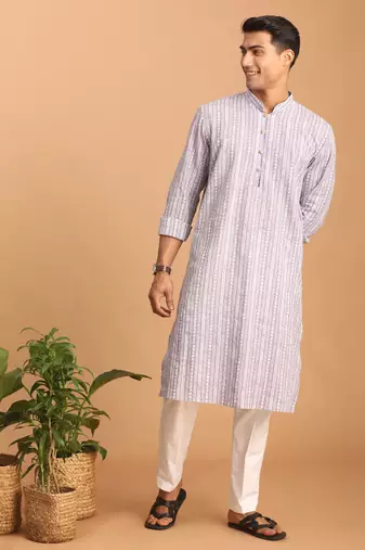Purple And White Cotton Kurta And Pyjama Set