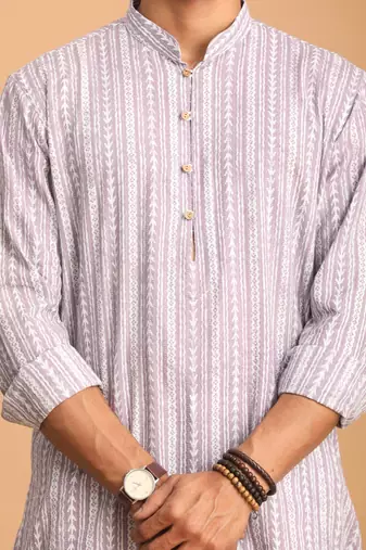 Purple And White Cotton Kurta And Pyjama Set