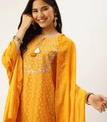 women's tie-up neck bandhani mustard straight kurta and trouser with dupatta