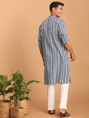 Indigo Blue And White Cotton Kurta And Pyjama Set 3
