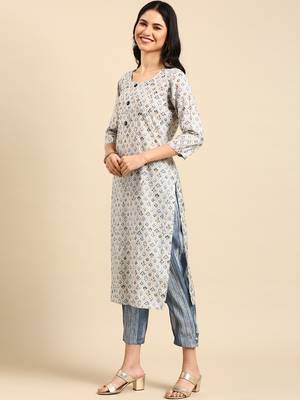 women's round neck solid foil print blue straight kurta and trouser with dupatta 2