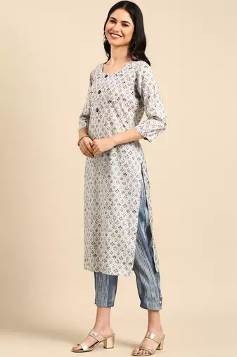 women's round neck solid foil print blue straight kurta and trouser with dupatta