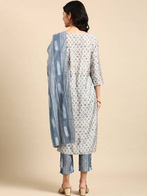 women's round neck solid foil print blue straight kurta and trouser with dupatta 3