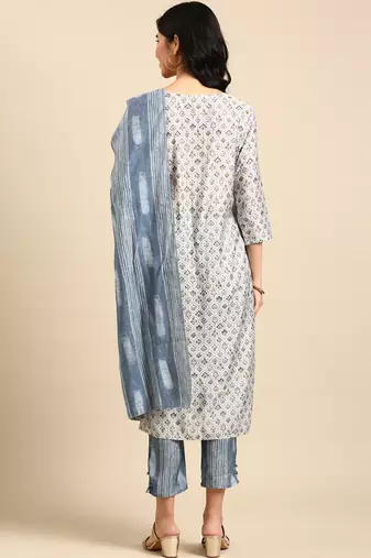 women's round neck solid foil print blue straight kurta and trouser with dupatta