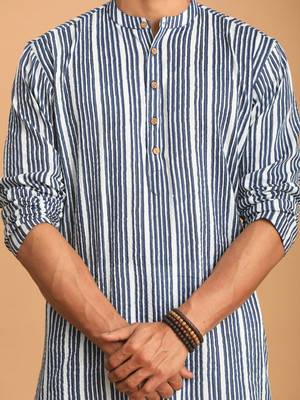 Indigo Blue And White Cotton Kurta And Pyjama Set 4