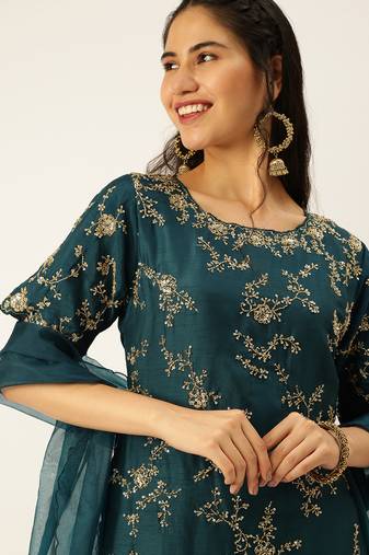 women's round neck solid teal straight kurta and sharara with dupatta