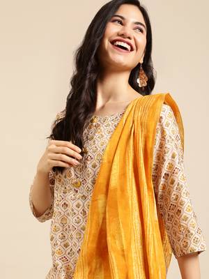 women's round neck solid foil print yellow straight kurta and trouser with dupatta 1
