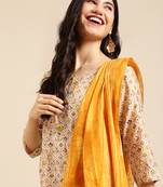 women's round neck solid foil print yellow straight kurta and trouser with dupatta