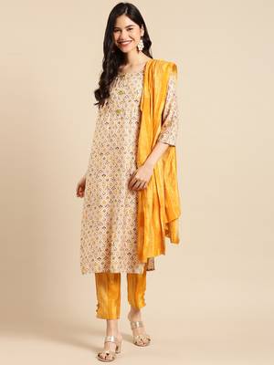 women's round neck solid foil print yellow straight kurta and trouser with dupatta 2