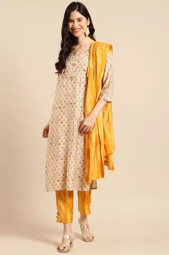 women's round neck solid foil print yellow straight kurta and trouser with dupatta