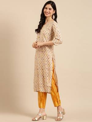 women's round neck solid foil print yellow straight kurta and trouser with dupatta 3