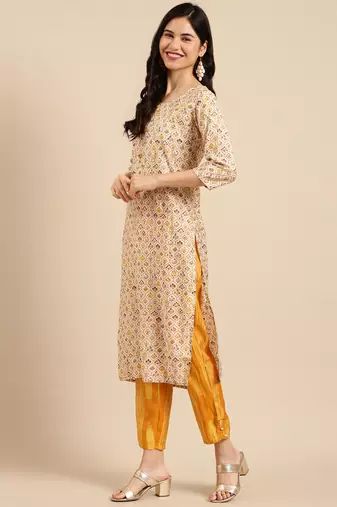 women's round neck solid foil print yellow straight kurta and trouser with dupatta