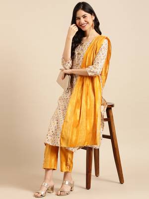 women's round neck solid foil print yellow straight kurta and trouser with dupatta 4