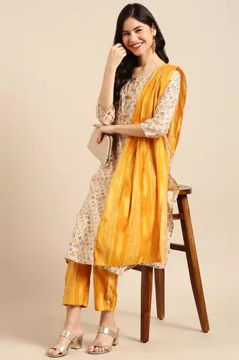 women's round neck solid foil print yellow straight kurta and trouser with dupatta