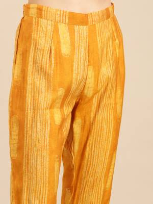 women's round neck solid foil print yellow straight kurta and trouser with dupatta 5