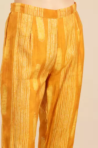 women's round neck solid foil print yellow straight kurta and trouser with dupatta
