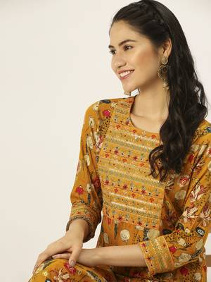 women's round neck solid mustard straight kurta and palazzos 1