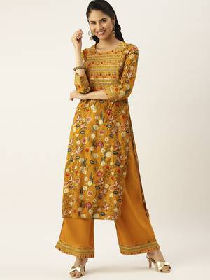 women's round neck solid mustard straight kurta and palazzos 2