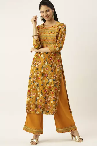 women's round neck solid mustard straight kurta and palazzos